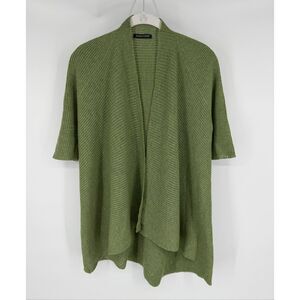 Eileen Fisher Green Open Front Cardigan 100% Wool Short Sleeve Size Medium